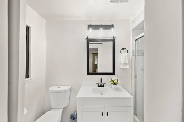 a bathroom with a sink toilet and mirror