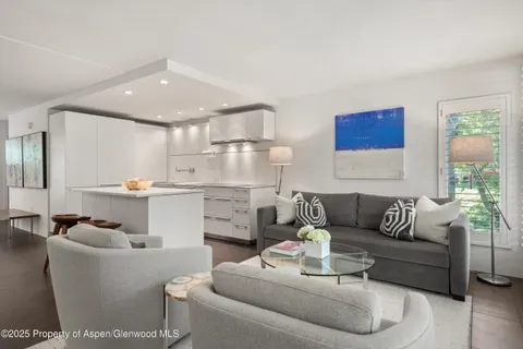 a living room with furniture and kitchen view