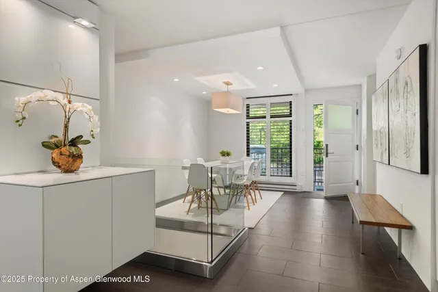 a view of a dining room with furniture