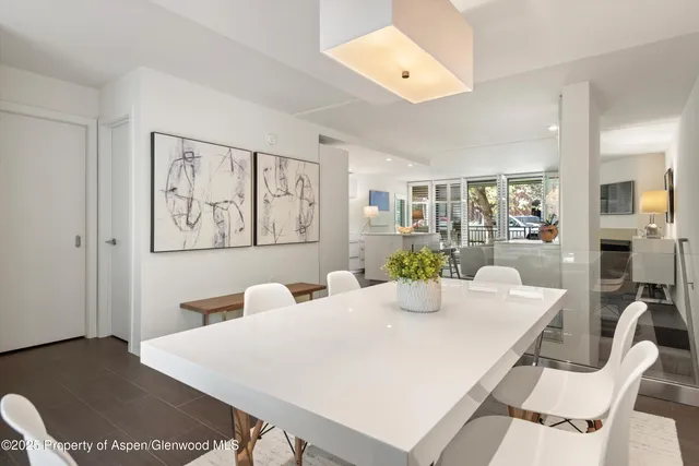 a view of a dining room with furniture