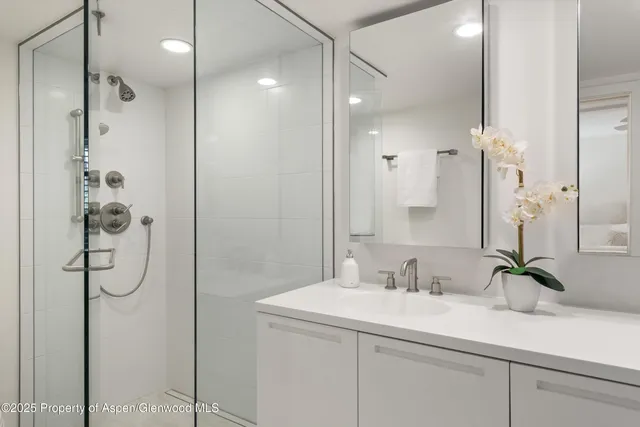 a bathroom with a shower sink and mirror