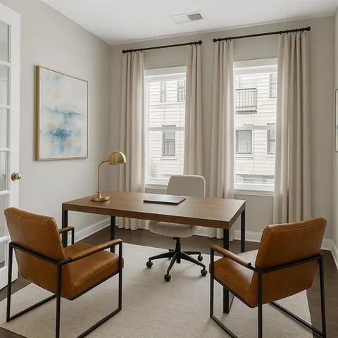 a view of a workspace with furniture and a window