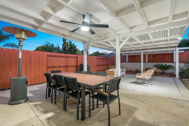 a view of a dining table and chairs in the patio