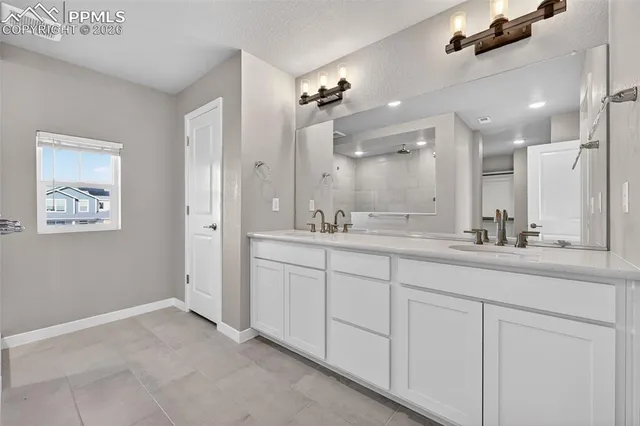 a bathroom with a sink a large mirror and a shower
