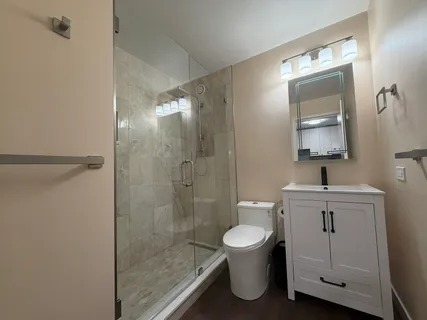 a bathroom with a toilet a sink and mirror