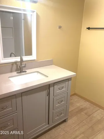 a bathroom with a sink and a mirror