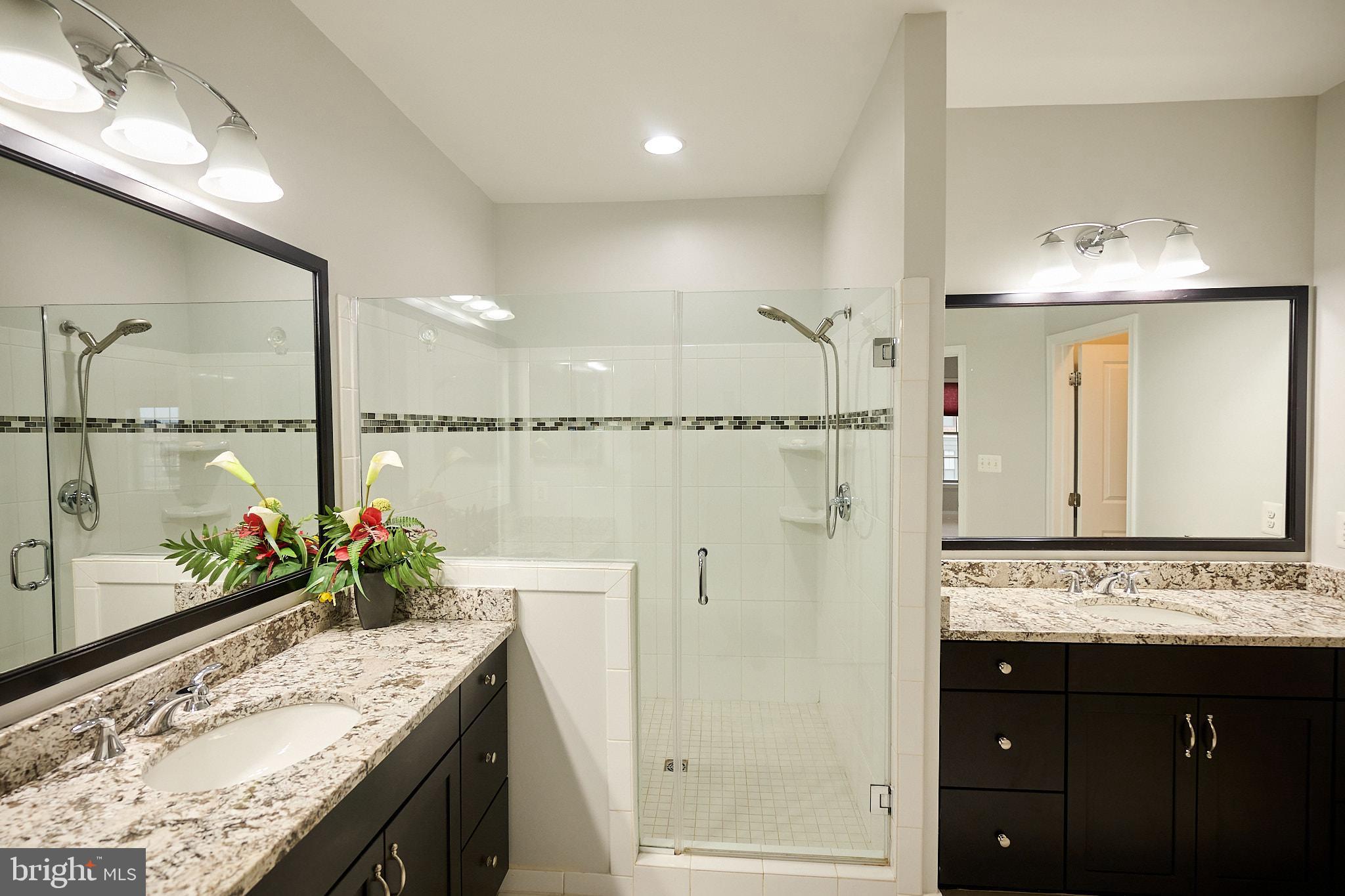22559 Windsor Locks Square Ashburn, VA 20148 - Photo 33 of 35 a bathroom with a granite countertop sink a mirror and a shower