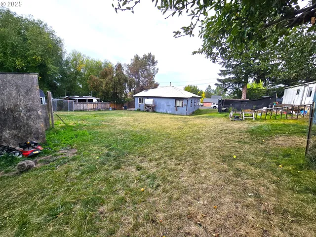 a backyard of a house with table and chairs plants and large trees