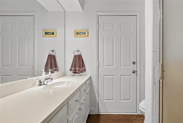 a bathroom with a sink vanity and a mirror