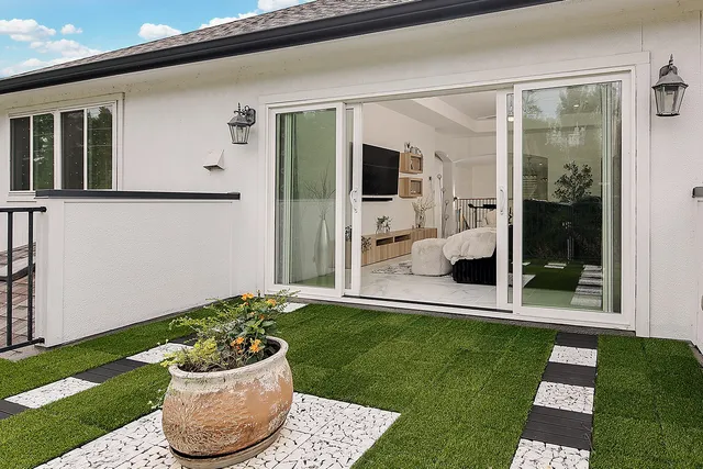 a view of a porch with garden