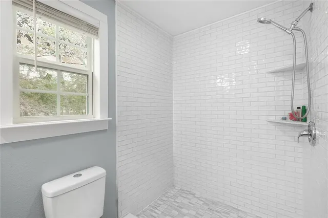 a bathroom with a toilet and a shower