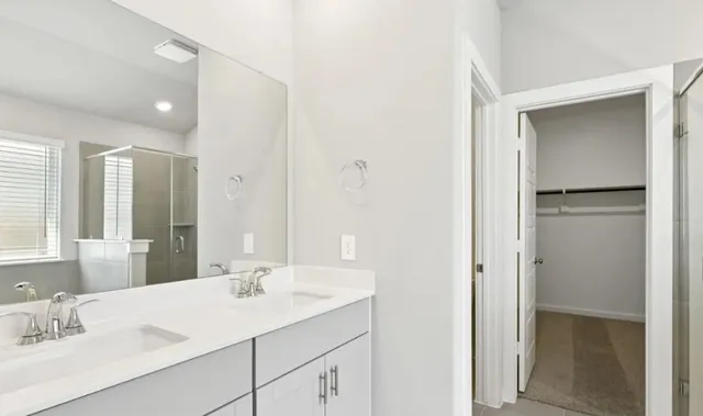 a bathroom with a sink vanity and a mirror