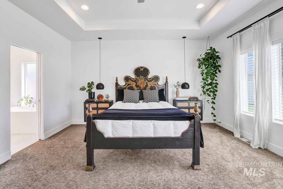 957 Birchton Loop Twin Falls, ID 83301 - Photo 14 of 32 Carpeted bedroom with a tray ceiling, recessed lighting, and connected bathroom
