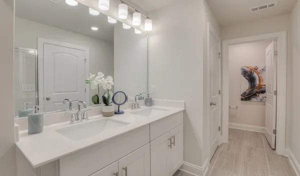 a bathroom with a sink vanity and a mirror