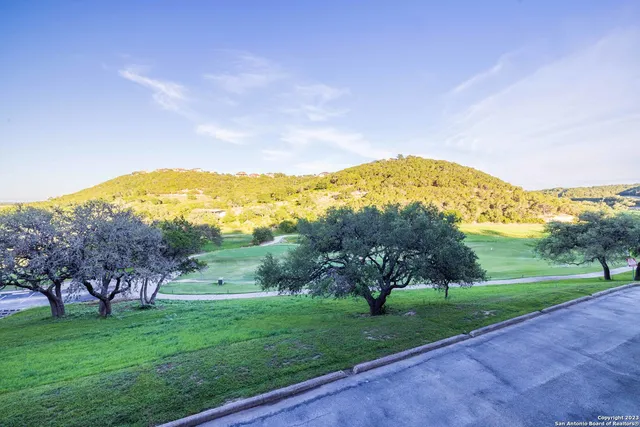 a view of a field with mountains in the background