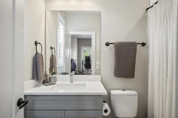 a bathroom with a sink toilet and mirror