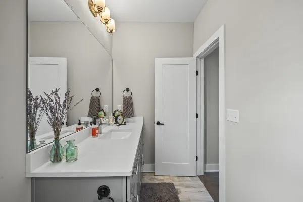 a bathroom with a sink and a mirror