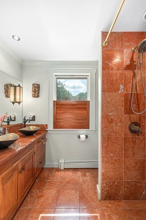 25 Leverett Street Gloucester, MA 01930 - Photo 19 of 41 a view of a bathroom with a granite countertop sink a mirror and a shower