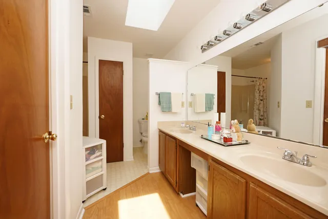 a bathroom with a double vanity sink a mirror and a shower