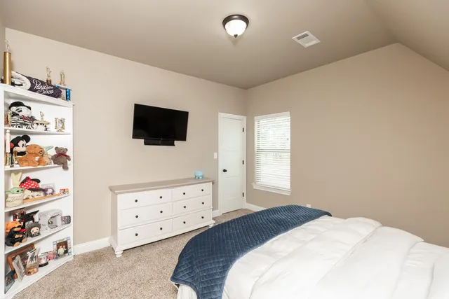 a bedroom with a bed and a flat tv screen