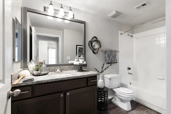 a bathroom with a granite countertop toilet sink and mirror