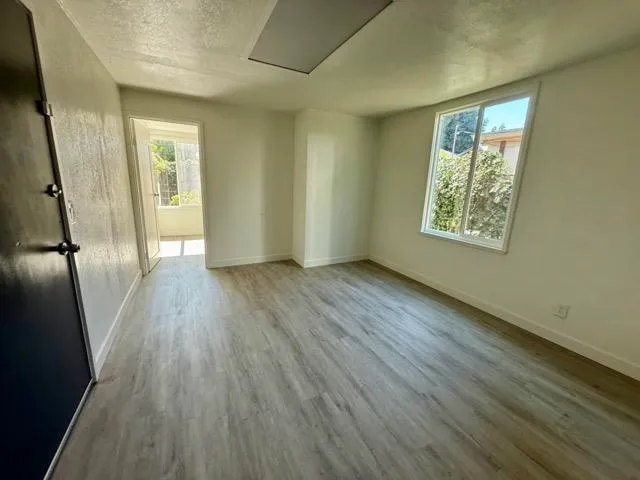 a view of an empty room with wooden floor and a window