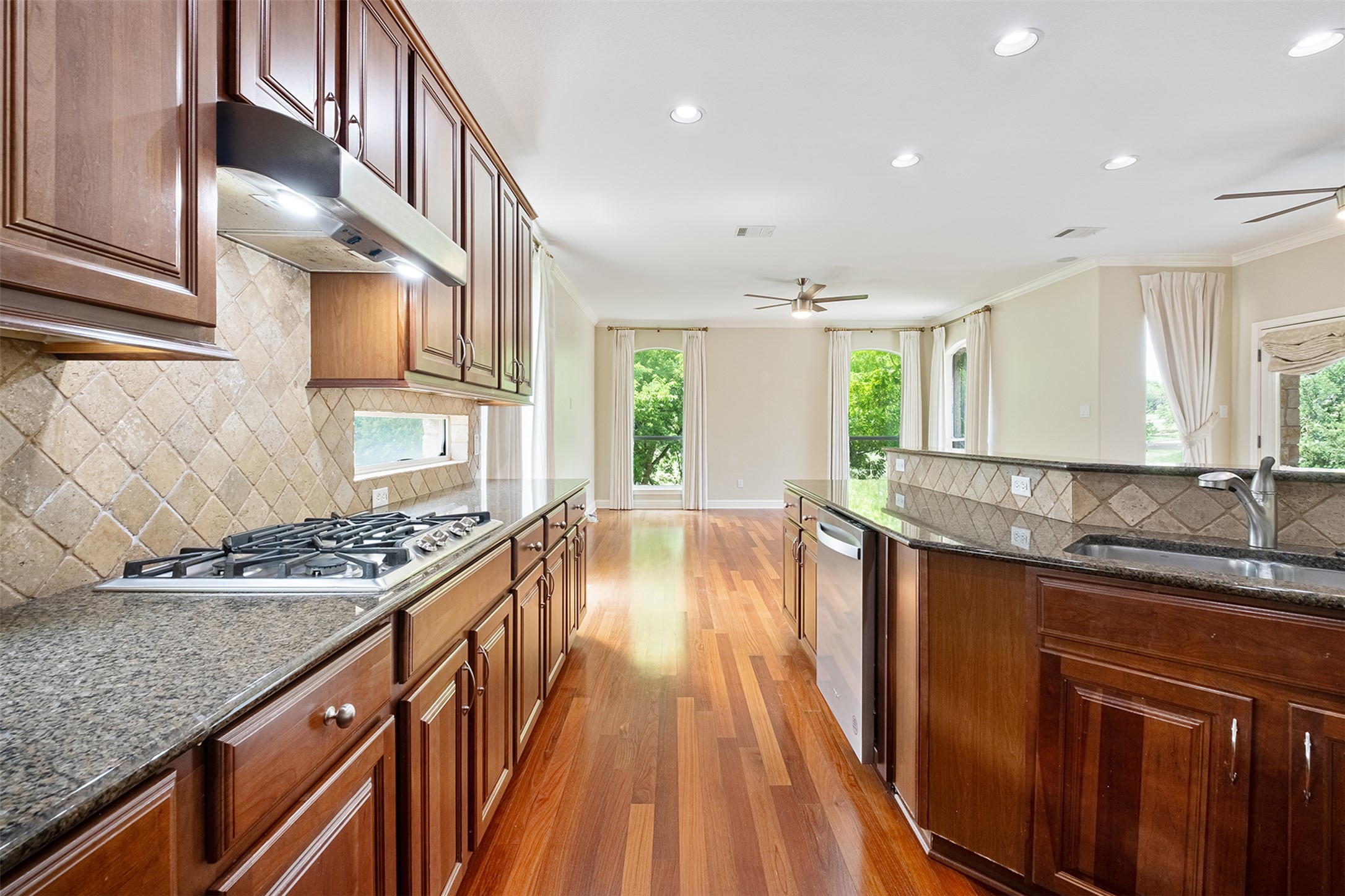14909 Spillman Ranch Loop Austin, TX 78738 - Photo 16 of 40 Kitchen with stainless steel appliances, a ceiling fan, under cabinet range hood, and light wood-style flooring