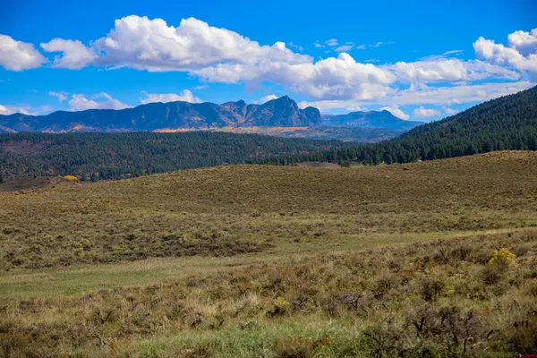 a view of a yard with mountains in the background