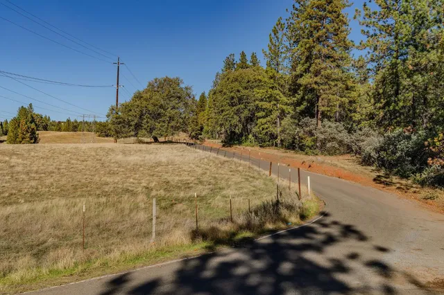 a view of dirt field and trees in the background