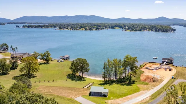 a view of a lake in middle of the town