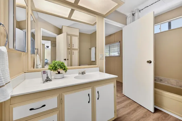 a bathroom with a sink a vanity and a mirror