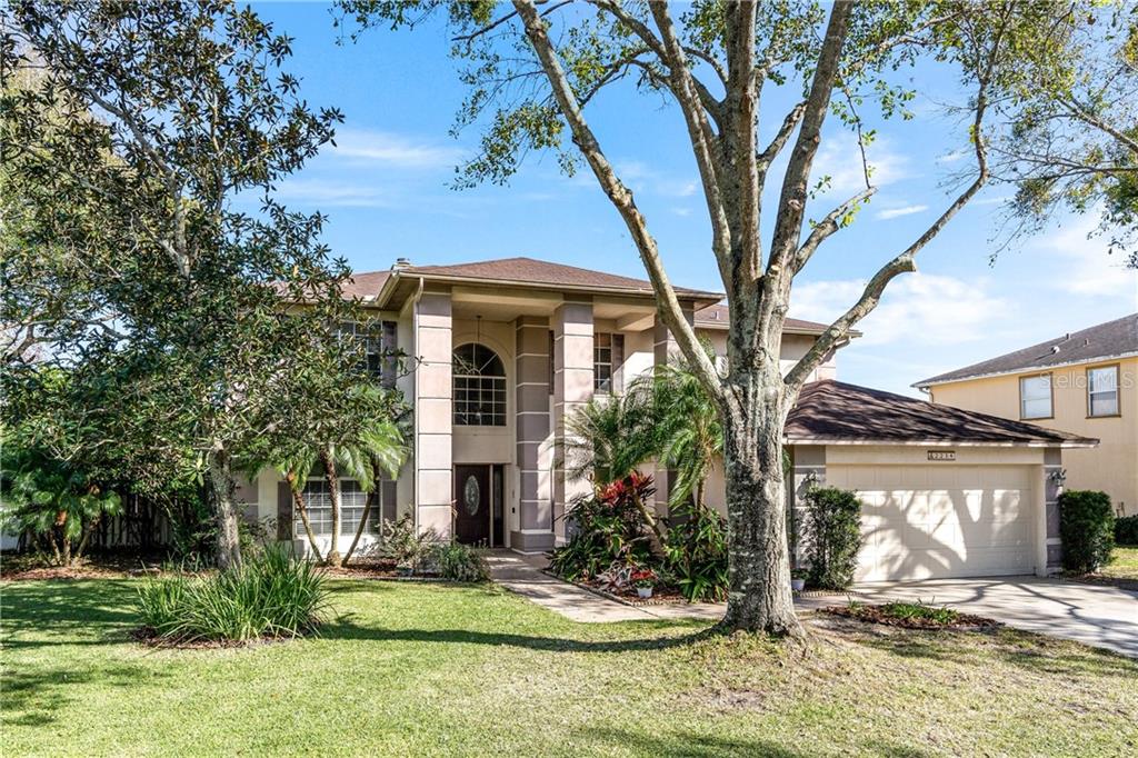 Welcome Home! Beautifully landscaped front yard with mature oak and palm trees.