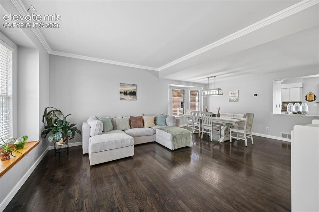 8347 Tibbs Road Peyton, CO 80831 - Photo 28 of 39 Open-concept interior featuring dark wood-finish flooring, light grey wall paint, and white crown molding
