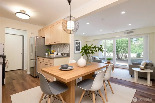 a view of a dining room and livingroom view