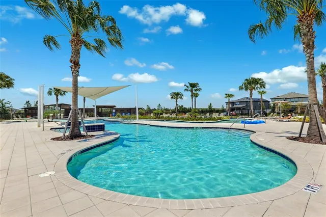 a view of a swimming pool with outdoor seating
