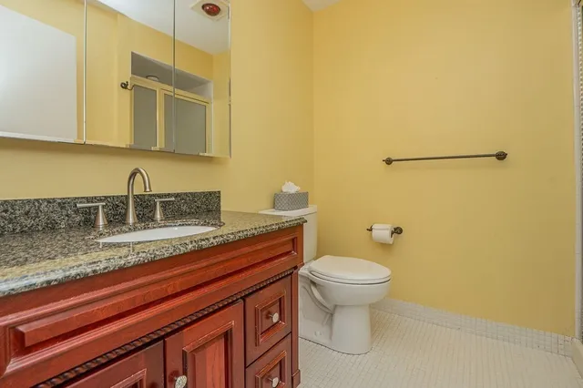 a bathroom with a granite countertop sink and a toilet