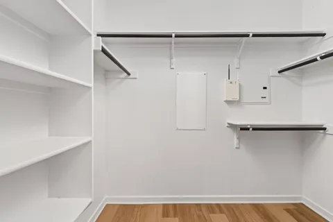 a view of a room with racks on the wall