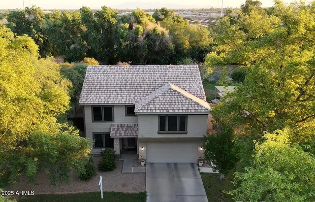 a aerial view of a house with a yard and potted plants