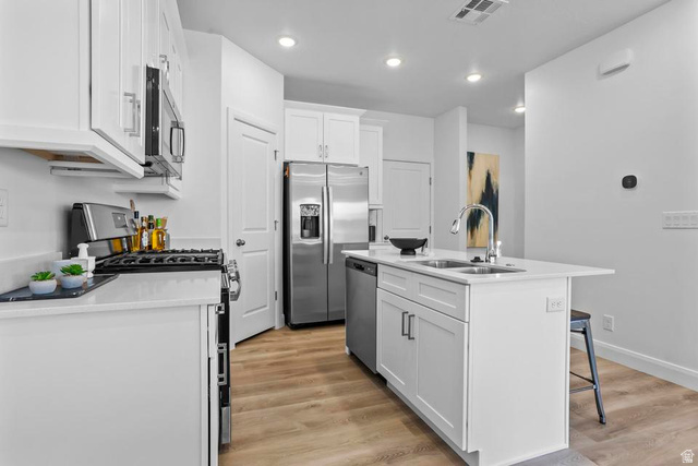 488 West Greenstone Pl Street, Unit 1010 St. George, UT 84790 - Photo 15 of 34 Modern kitchen featuring white shaker cabinetry, stainless steel appliances, light-toned wood-finish flooring, recessed lighting, and a kitchen island with an integrated sink and faucet