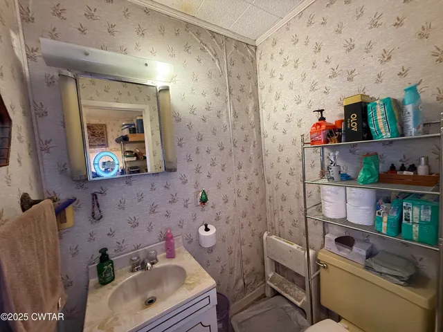 a bathroom with a sink mirror and toilet