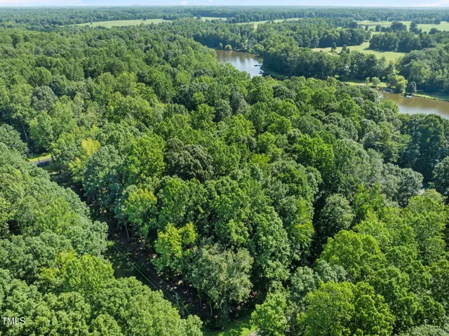 an aerial view of a house with a lush green forest