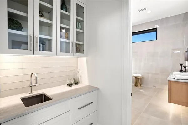 a bathroom with a sink and a potted plant