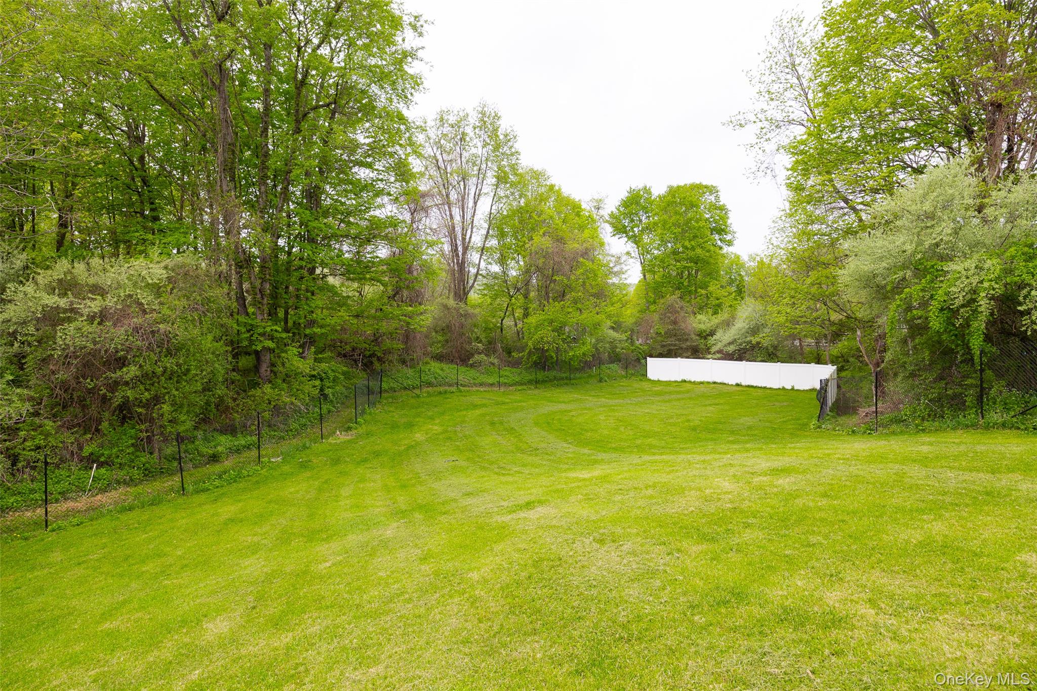 921 West Dover Road Pawling, NY 12564 - Photo 34 of 36 Expansive green lawn surrounded by mature trees, featuring a wire fence along the perimeter and a white privacy fence at the rear