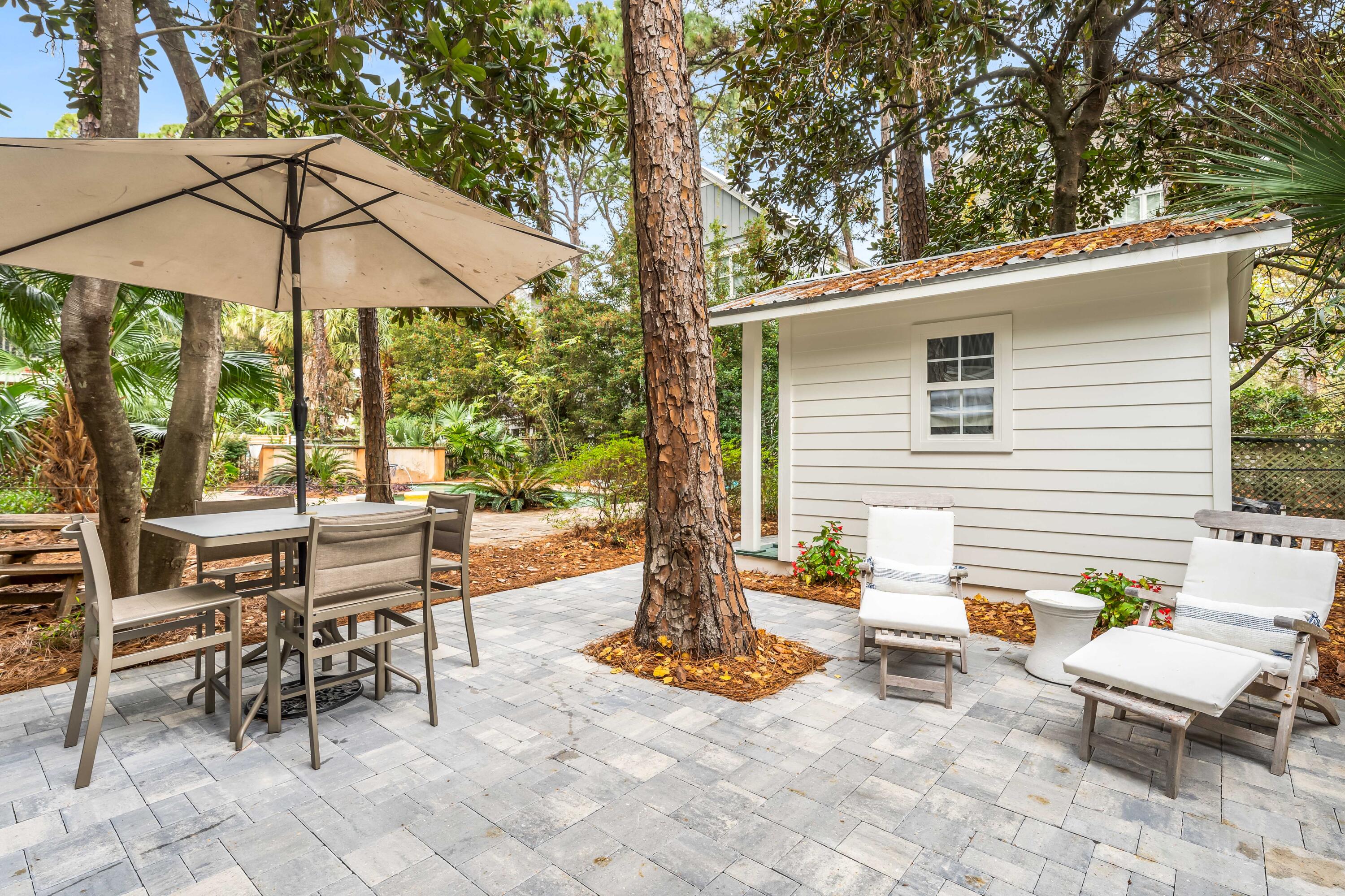 345 Defuniak Street Santa Rosa Beach, FL 32459 - Photo 51 of 52 a view of a patio with a table and chairs under an umbrella