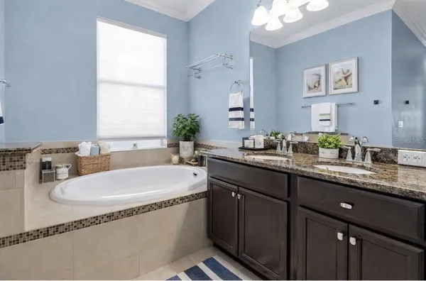 a bathroom with a granite countertop sink and a bathtub