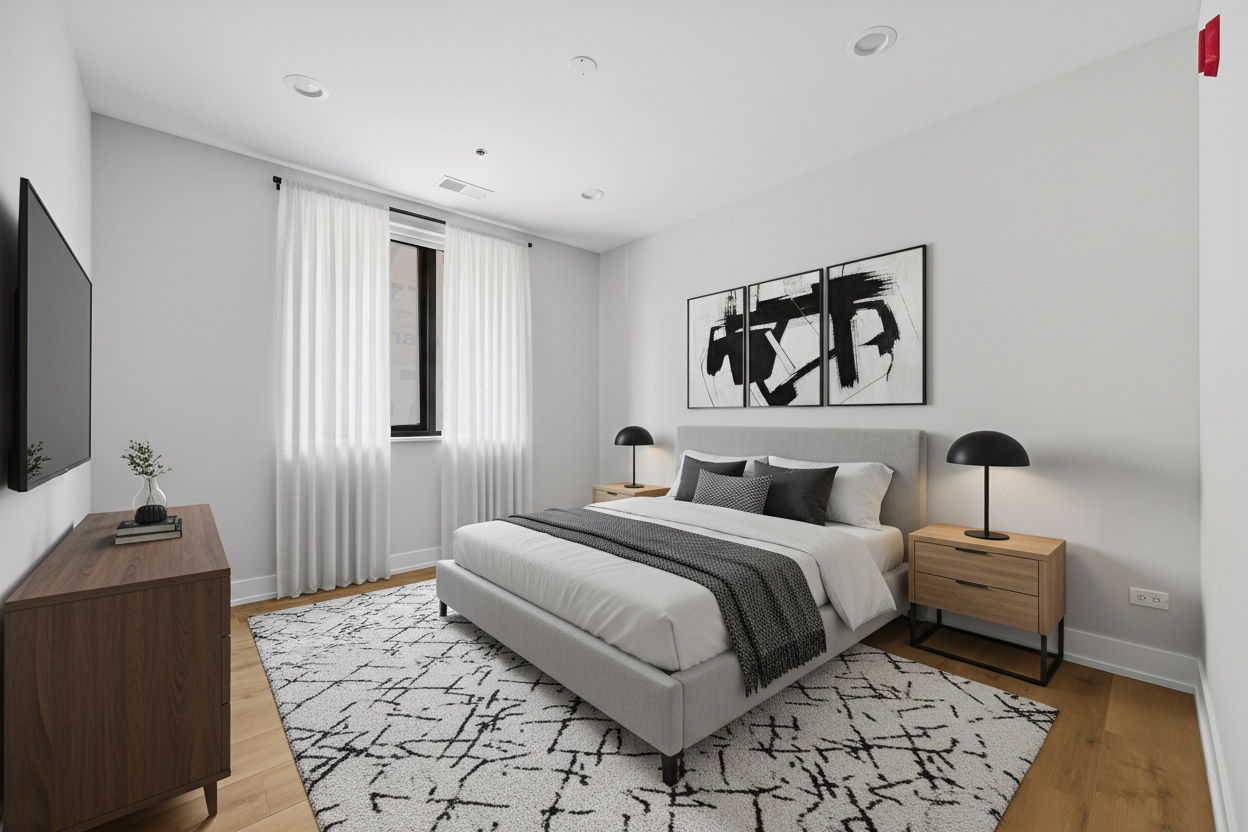 2354 North Washtenaw Avenue, Unit 301 Chicago, IL 60647 - Photo 8 of 16 a bedroom with a bed and a couch