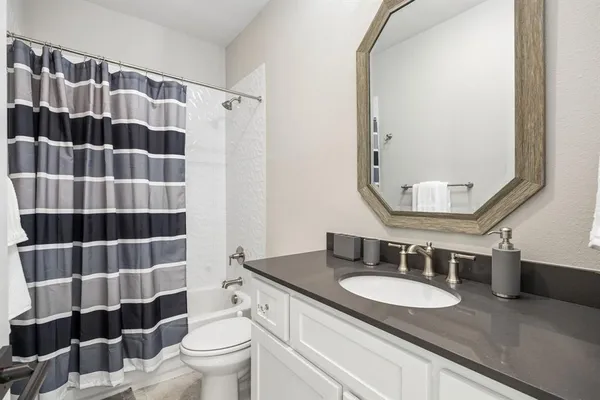 a bathroom with a sink toilet a mirror and shower curtain