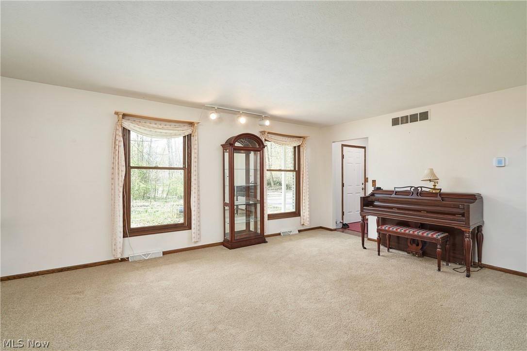 3097 Baughman Road Clinton, OH 44216 - Photo 2 of 27 Spacious room featuring neutral carpeting, white walls, two vertical windows with wood trim, and track lighting