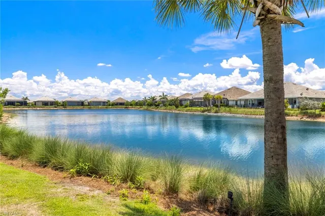 a view of a lake with a yard