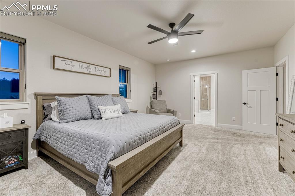 18762 Cherry Springs Ranch Drive Monument, CO 80132 - Photo 11 of 50 a spacious bedroom with a bed and a chandelier